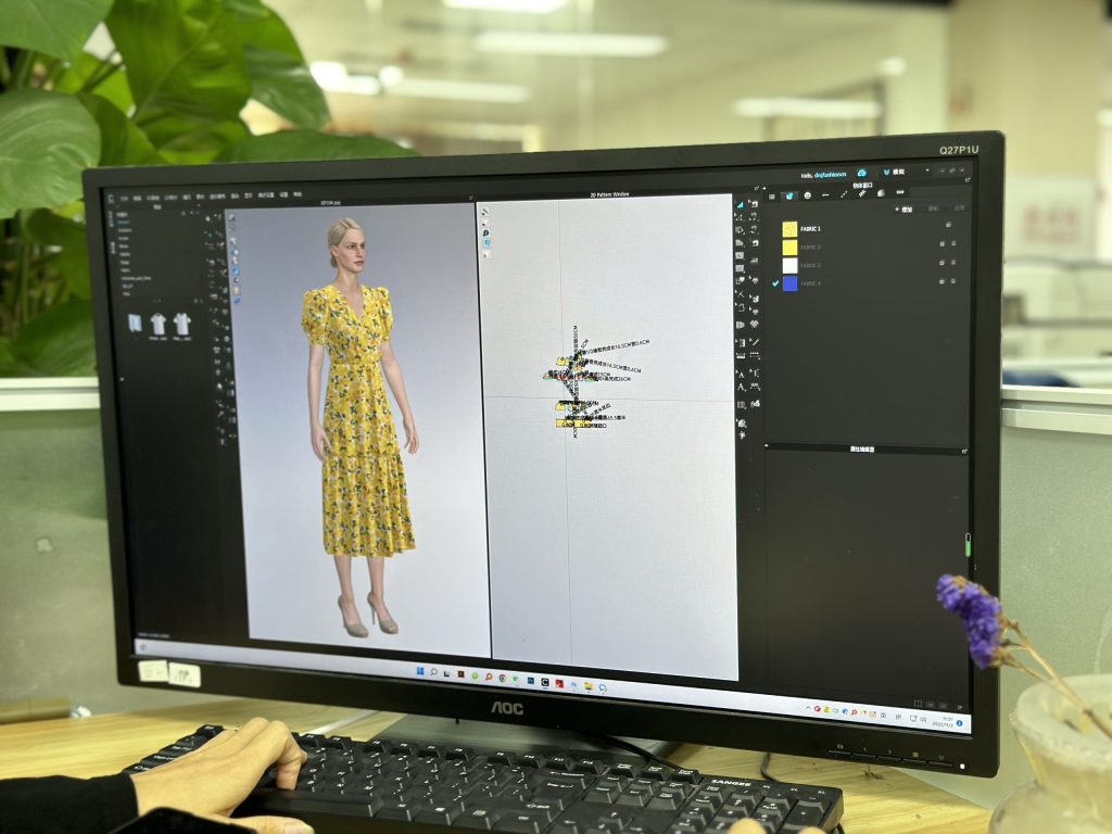 AI-Driven Fashion Design - Sustainable Apparel Creation at D&J Fashion A designer using digital software to create an eco-friendly fashion collection.