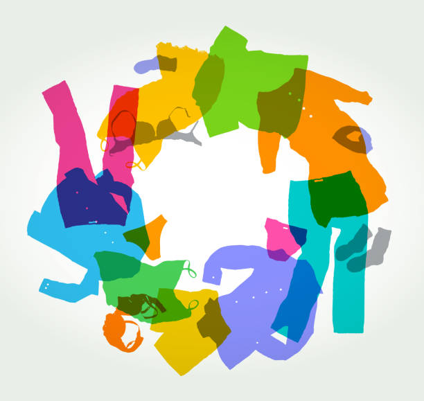 Colorful assortment of clothing arranged in a recycling circle, symbolizing D&J Fashion's approach to recycling and sustainable fashion practices.