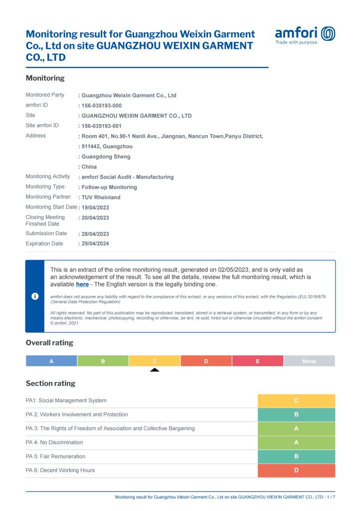 BSCI certification confirming D&J Fashion’s adherence to international labor rights and social compliance standards.