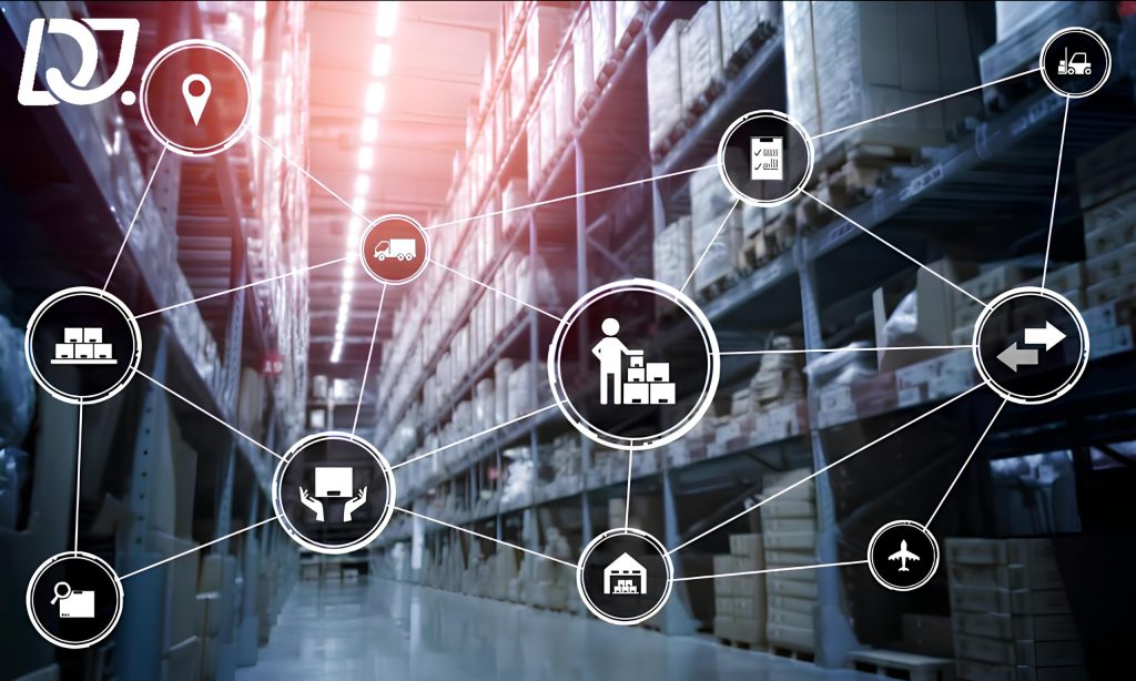 Global supply chain logistics network visualization in a warehouse, representing D&J Fashion’s OEM and ODM fulfillment solutions.
